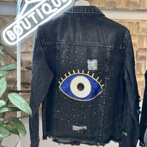 Black Distressed Denim Sequin Evil Eye Jacket M